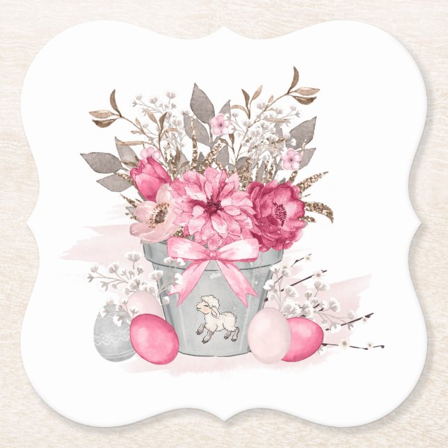 Watercolor Spring flowers Easter eggs Paper Coaster (Front)