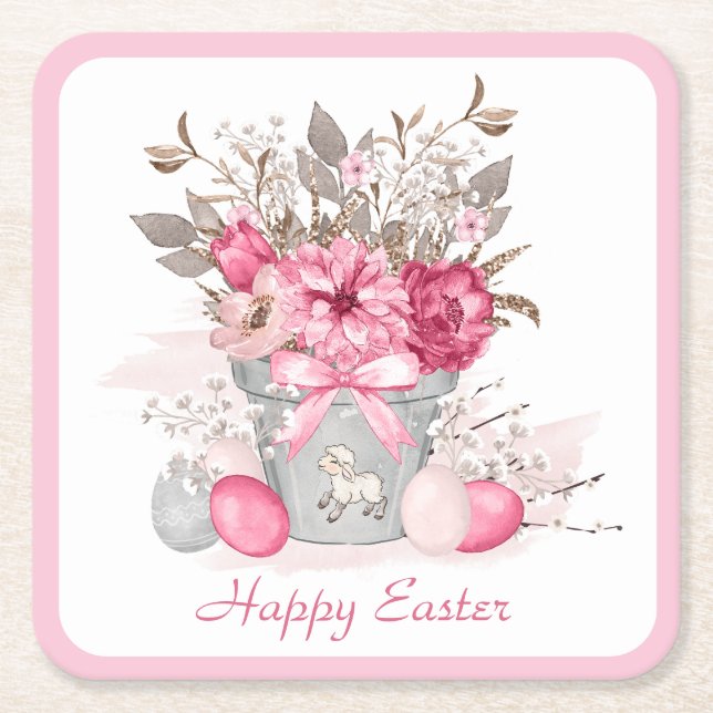 Watercolor Spring flowers Easter eggs Personalized Square Paper Coaster (Front)