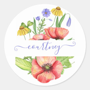 Watercolor spring flowers personalized classic round sticker