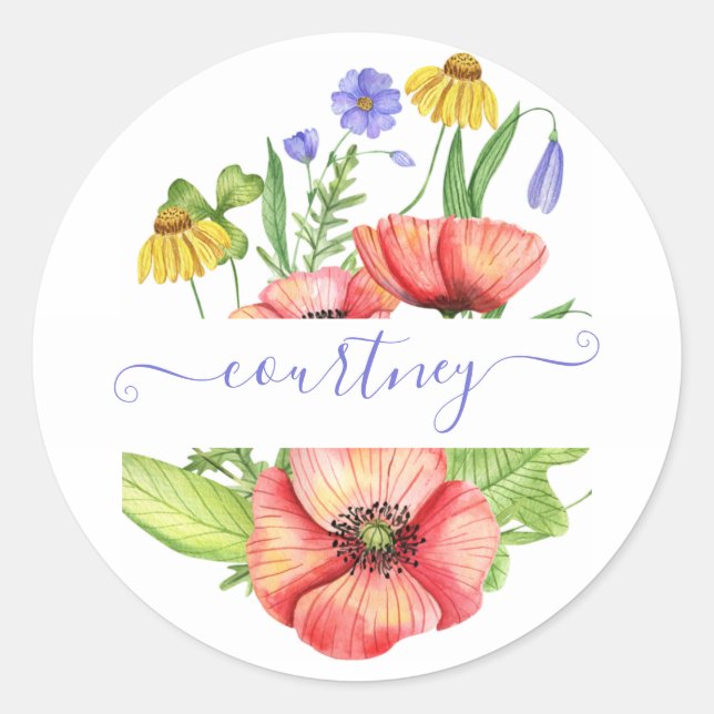 Watercolor spring flowers personalized classic round sticker (Front)