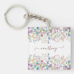 Watercolor spring flowers personalized keychain