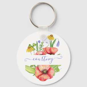 Watercolor spring flowers personalized keychain