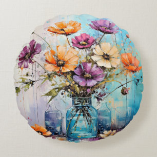 Watercolor Spring Flowers Round Pillow