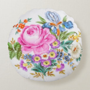 Watercolor Spring Flowers Round Pillow