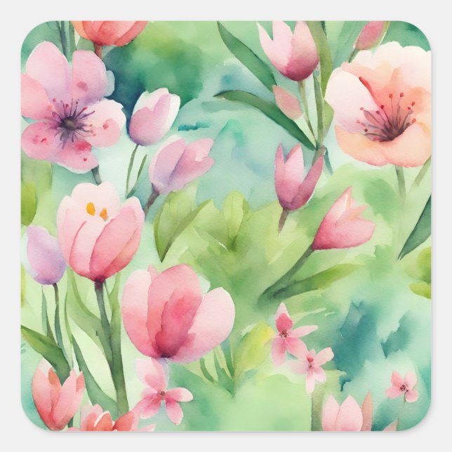 Watercolor Spring Flowers Square Sticker (Front)