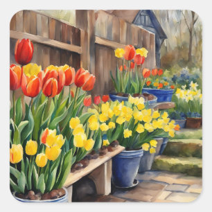 Watercolor Spring Flowers Tulips Daffodils Garden Square Sticker