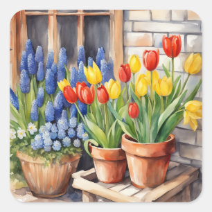 Watercolor Spring Flowers Tulips Hyacinths Square Sticker