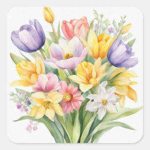 Watercolor Spring Flowers Tulips Square Sticker