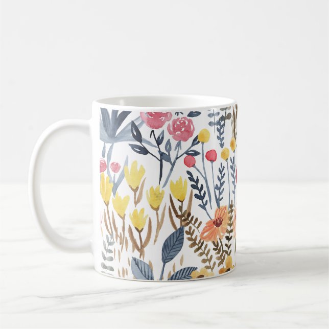 Watercolor spring flowers, vibrant seamless patter coffee mug (Left)