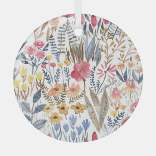 Watercolor spring flowers, vibrant seamless patter glass ornament