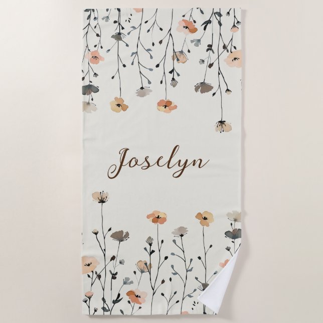 Watercolor Spring Flowers with Name Rustic Beach Towel (Front)