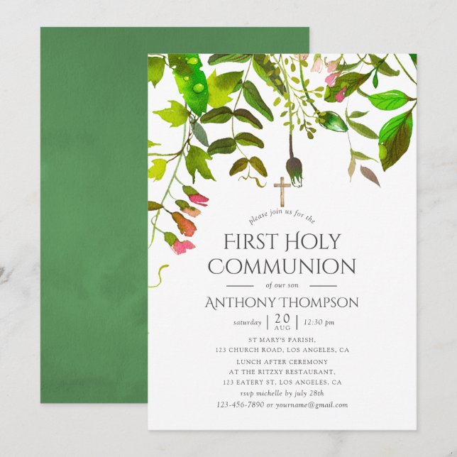Watercolor Spring Foliage First Holy Communion Invitation (Front/Back)