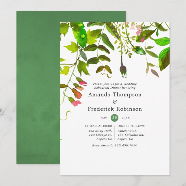 Watercolor Spring Foliage Rehearsal Dinner Invitation (Front/Back)