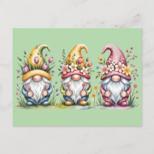 Watercolor Spring Gnome Trio with Floral Hats Holiday Postcard