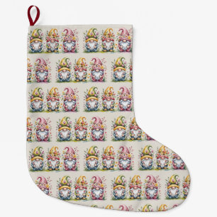 Watercolor Spring Gnome Trio with Floral Hats Large Christmas Stocking