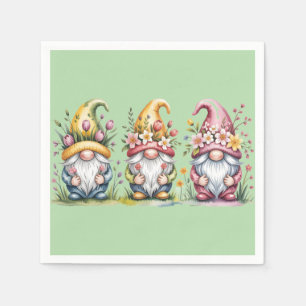 Watercolor Spring Gnome Trio with Floral Hats Napkin