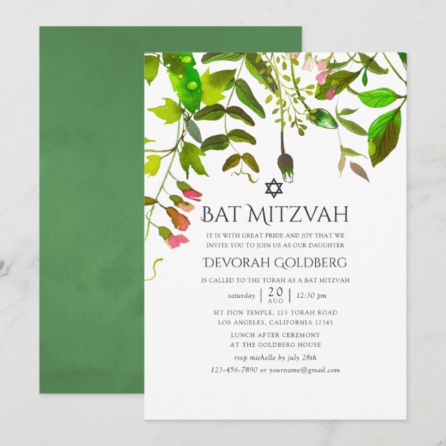 Watercolor Spring Greenery Bat Mitzvah Invitation (Front/Back)