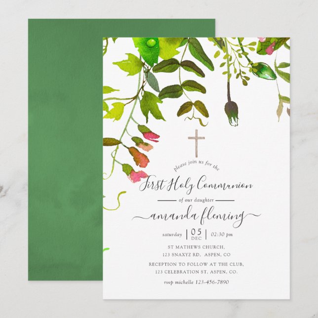 Watercolor Spring Greenery First Communion Invitation (Front/Back)