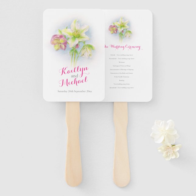 Watercolor spring hellebores wedding program fans (Front and Back)