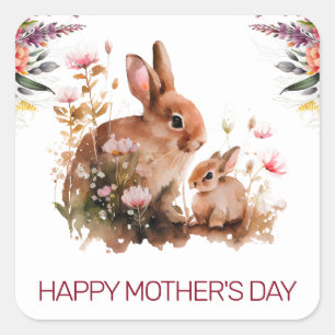 Watercolor Spring Mom and Baby Rabbit Mother's Day Square Sticker