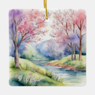 Watercolor Spring Nature Scene Ceramic Ornament