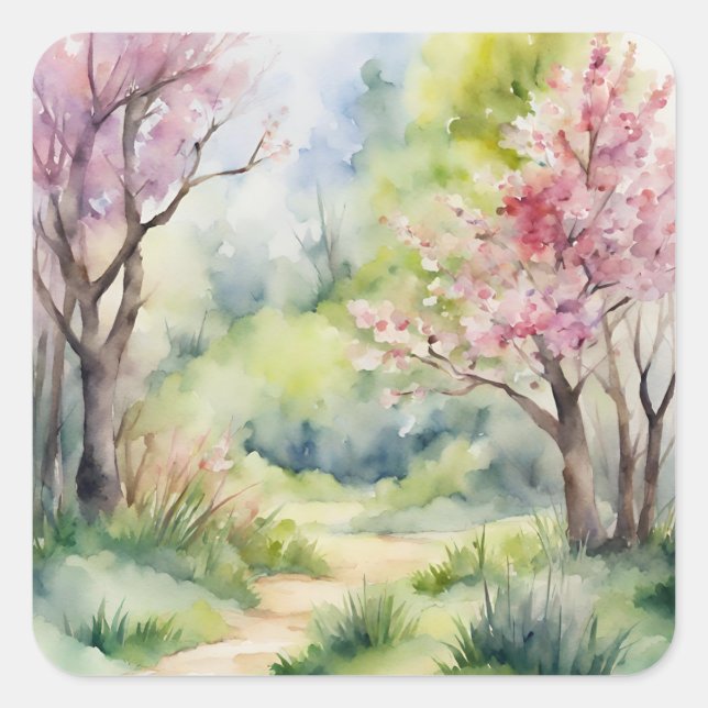Watercolor Spring Nature Scene Square Sticker (Front)