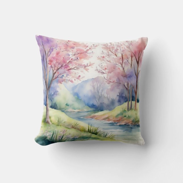 Watercolor Spring Nature Scene Throw Pillow (Front)