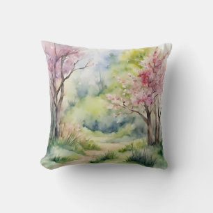 Watercolor Spring Nature Scene Throw Pillow