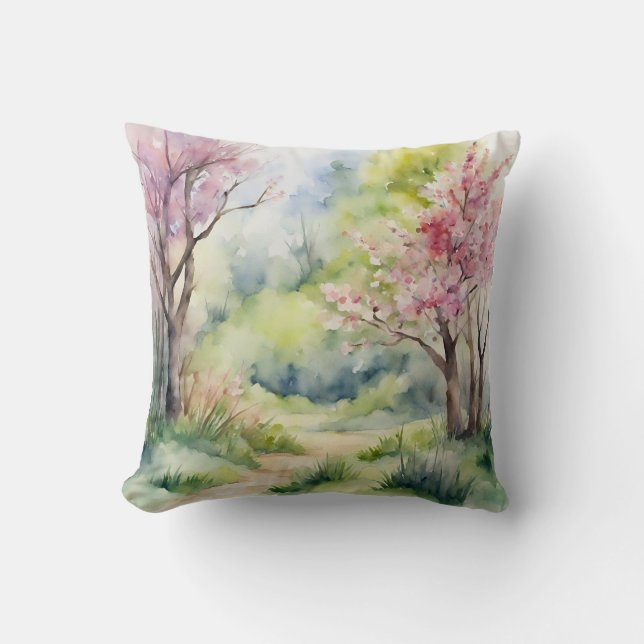 Watercolor Spring Nature Scene Throw Pillow (Front)