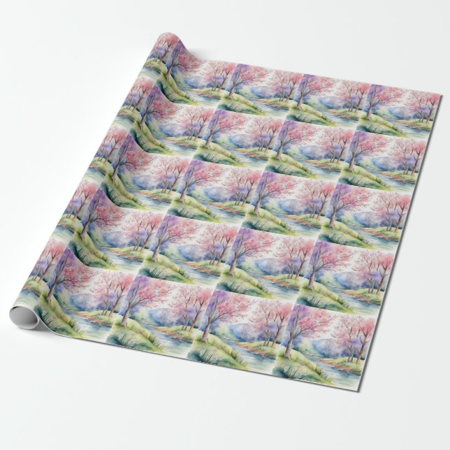 Watercolor Spring Nature Scene Wrapping Paper (Unrolled)