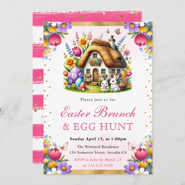 Watercolor Spring Rabbits House Easter Brunch Invitation (Front/Back)