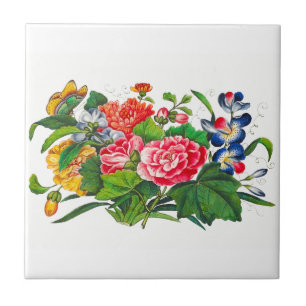 Watercolor Spring Wildflower Bouquet and Butterfly Tile