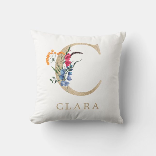 Watercolor Spring Wildflower Faux Gold Letter "C" Throw Pillow (Front)