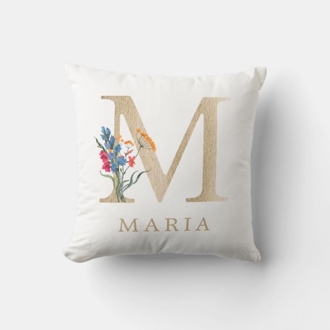 Watercolor Spring Wildflower Faux Gold Letter "M" Throw Pillow (Front)