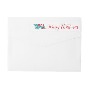 Watercolor Spruce Twig and Red Berries Christmas Wrap Around Label
