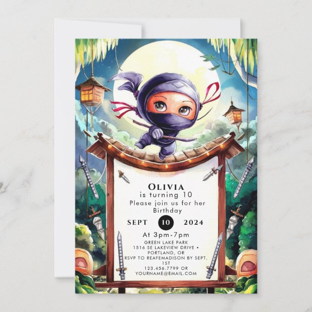 Watercolor Spy Ninja Birthday Invitation (Front)
