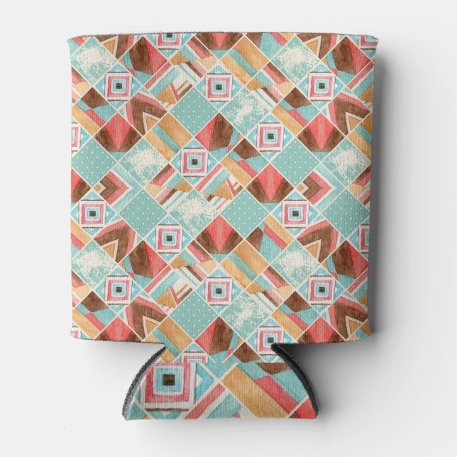 Watercolor square, patchwork geometric background. can cooler (Front)