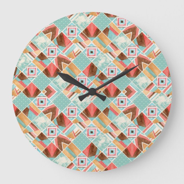 Watercolor square, patchwork geometric background. large clock (Front)