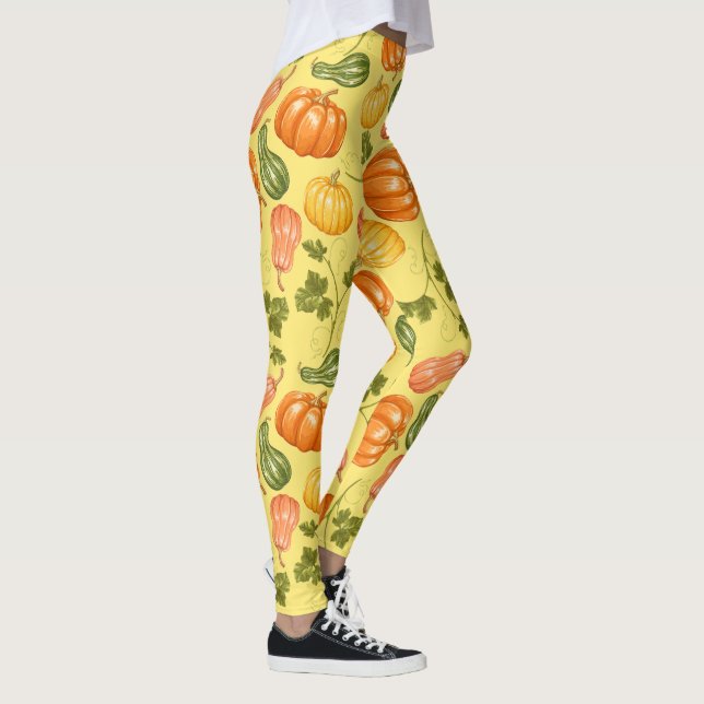 Watercolor Squash, Pumpkin and Leaves Pattern Leggings (Right)
