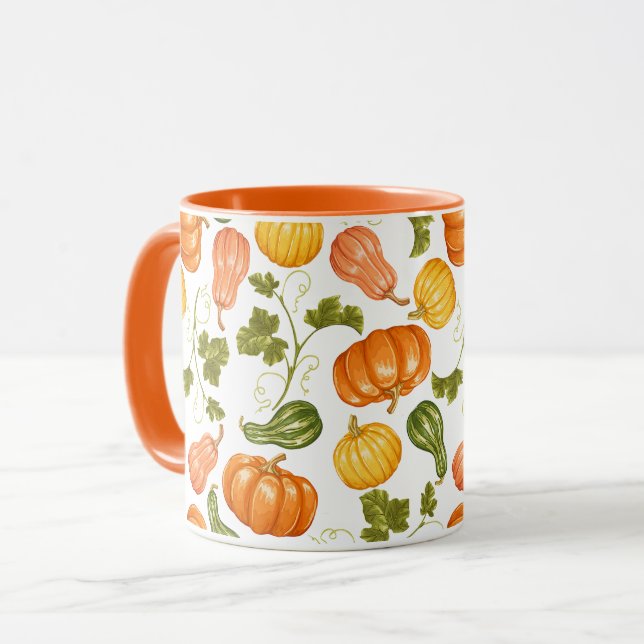 Watercolor Squash, Pumpkin and Leaves Pattern Mug (Front Left)