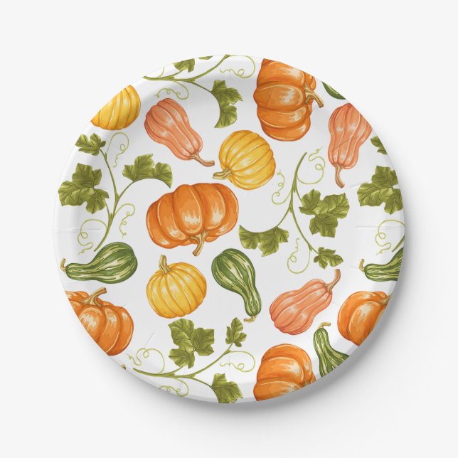Watercolor Squash, Pumpkin and Leaves Pattern Paper Plate (Front)