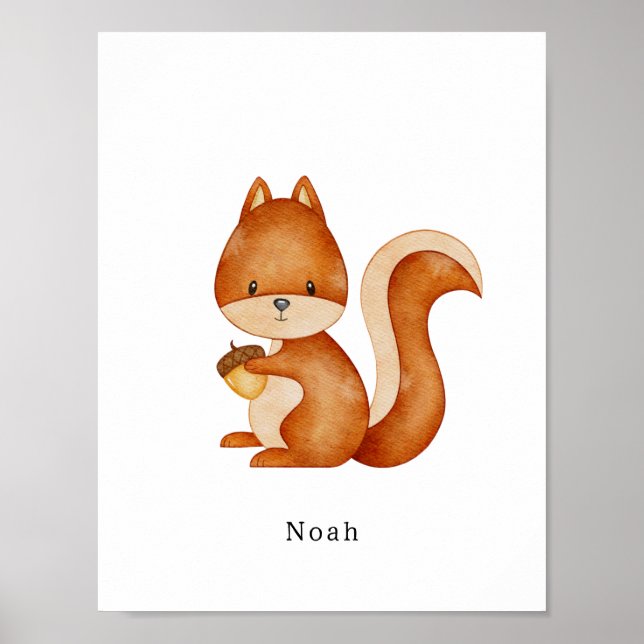 Watercolor Squirrel Forest Animal Name Poster (Front)