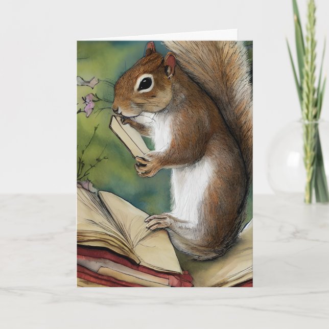 Watercolor Squirrel Reading a Book Card (Front)