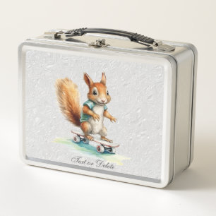 Watercolor Squirrel Skateboard Metal Lunch Box