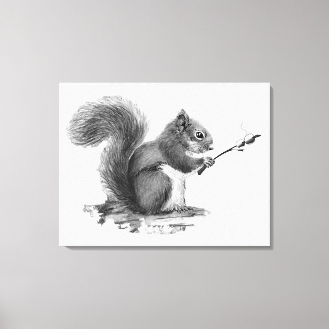 Watercolor Squirrel Toasting Marshmallow Animal  Canvas Print (Front)