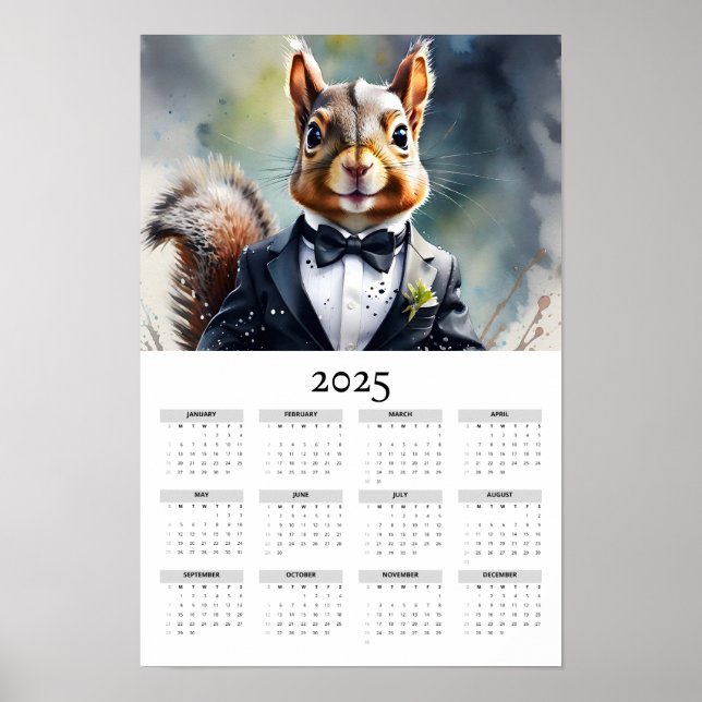 Watercolor Squirrel Tux Bow Tie 2025 Wall Calendar Poster (Front)