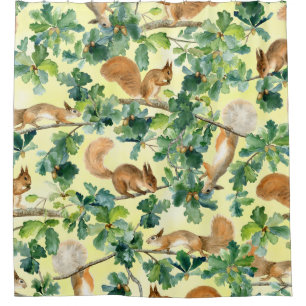 Watercolor squirrels, oak seamless pattern.