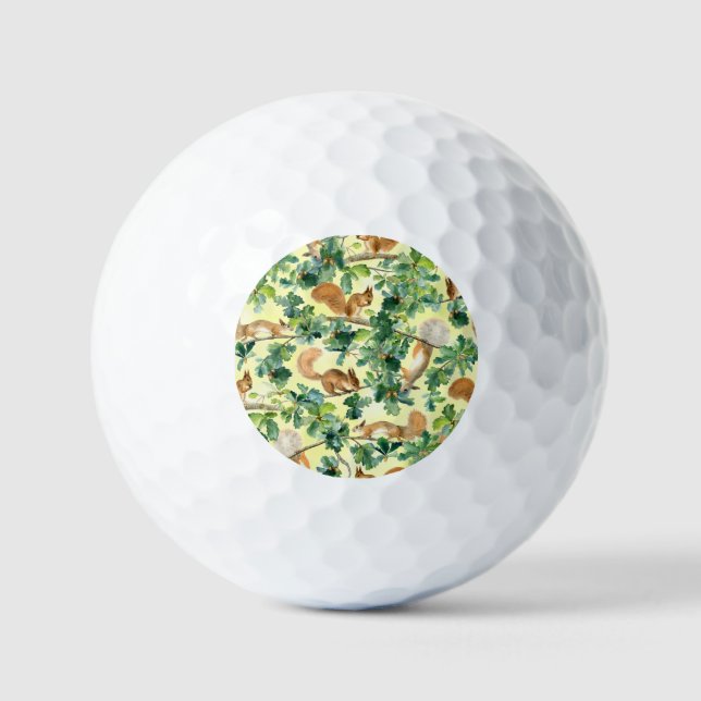 Watercolor squirrels, oak seamless pattern. golf balls (Front)