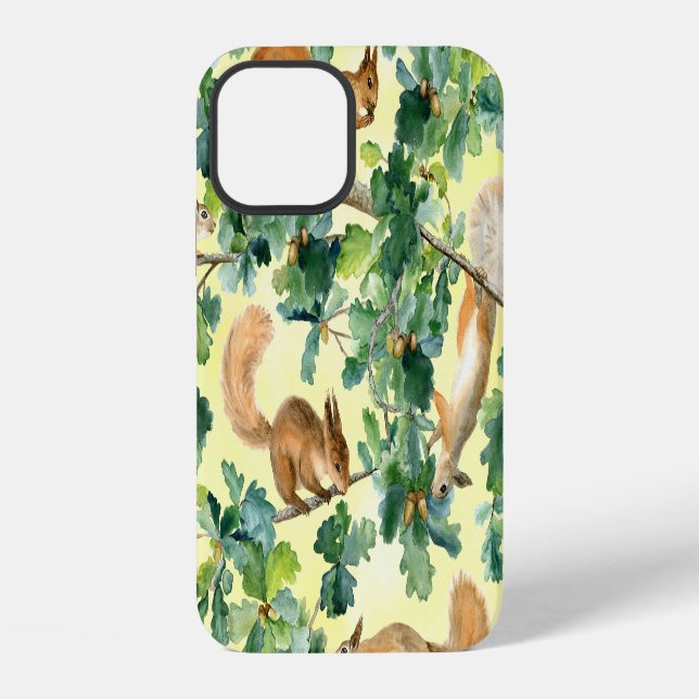 Watercolor squirrels, oak seamless pattern. iPhone case (Back)