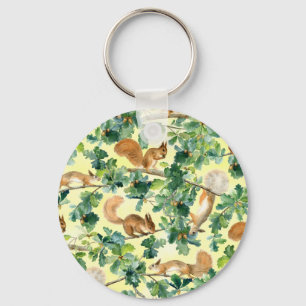 Watercolor squirrels, oak seamless pattern. keychain